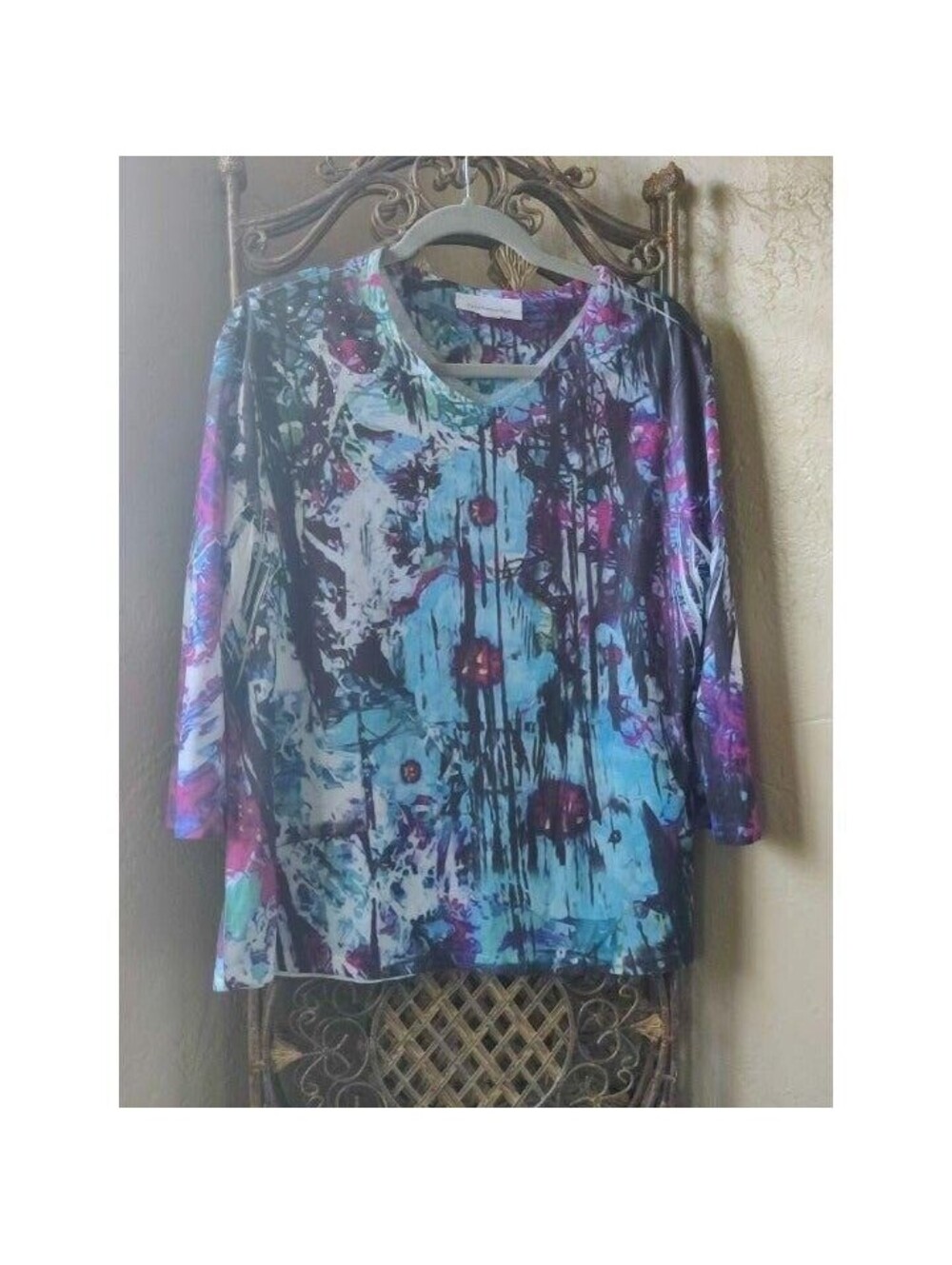 Breckenridge Womens Blue Purple Abstract Print V-Neck 3/4 Sleeve Top Size L